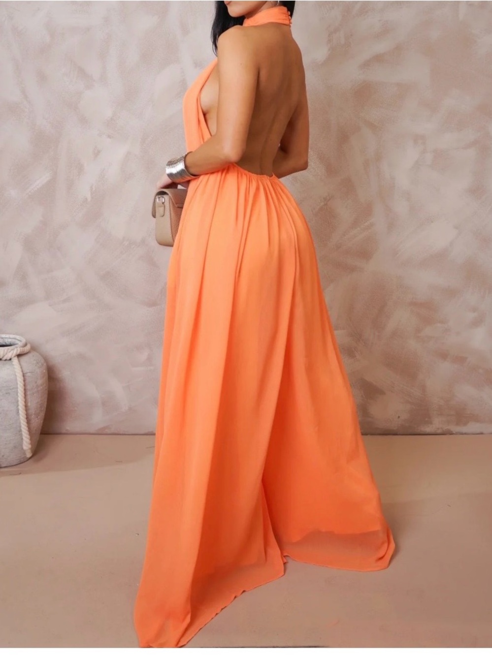 Backless Halter Jumpsuit in Coral Orange